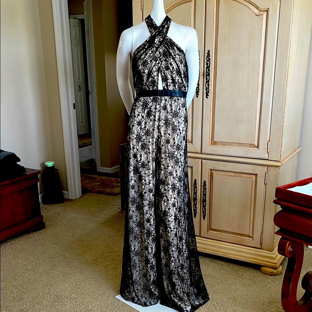 Alice + Olivia Blakey NWT Black Lace & Leather Halter Wide Leg Jumpsuit 10 $995